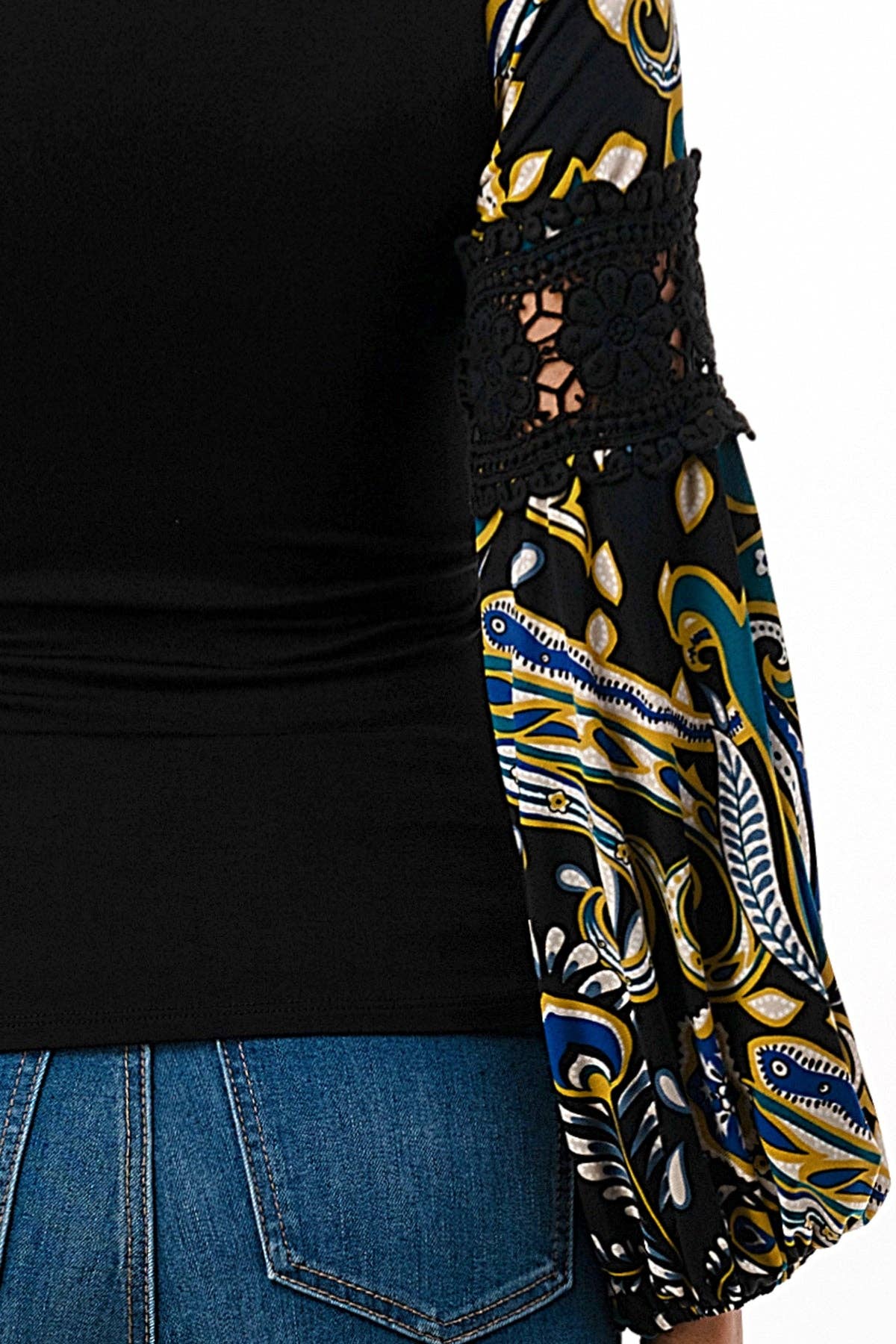 BLACK WRAP PREMIUM QUALITY V-NECK DRAMATIC MULTICOLOR DETAILED SLEEVES WOMEN'S TOP | Charlotte's Classy Closet