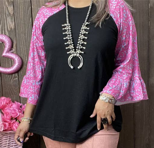 Southern Stitch Black Knit Top with Purple & Blue Printed Raglan Sleeves, Sizes S-3X | Charlotte's Classy Closet 