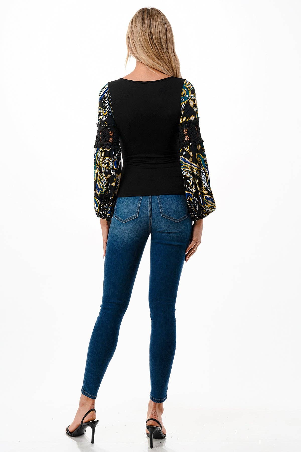 BLACK WRAP PREMIUM QUALITY V-NECK DRAMATIC MULTICOLOR DETAILED SLEEVES WOMEN'S TOP | Charlotte's Classy Closet