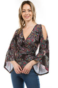 BLACK PAISLEY COLD SHOULDER with GORGEOUS BELL SLEEVE WOMEN'S TOP
