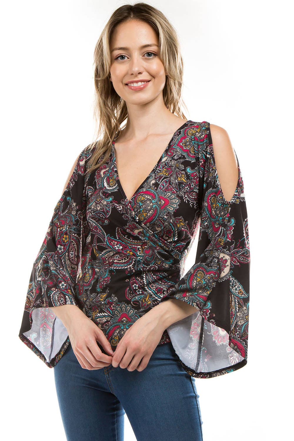 BLACK PAISLEY COLD SHOULDER with GORGEOUS BELL SLEEVE WOMEN'S TOP