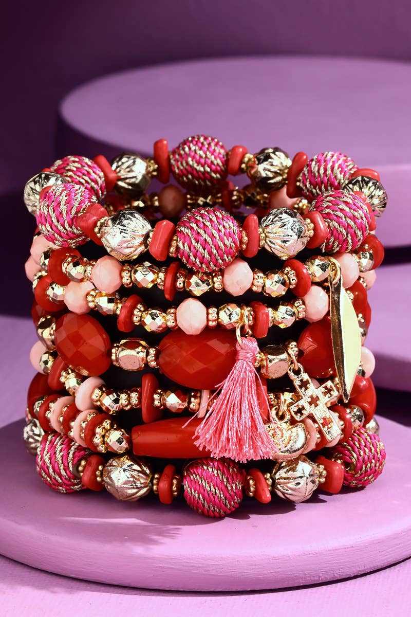 Fuchsia Multi Color 7 Strand Mixed Bead Bracelet with Accent Tassel | Charlotte's Classy Closet