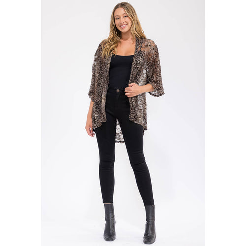 ANIMAL PRINT LIGHTWEIGHT LACE KIMONO STYLE BELL 3/4 SLEEVE CARDIGAN