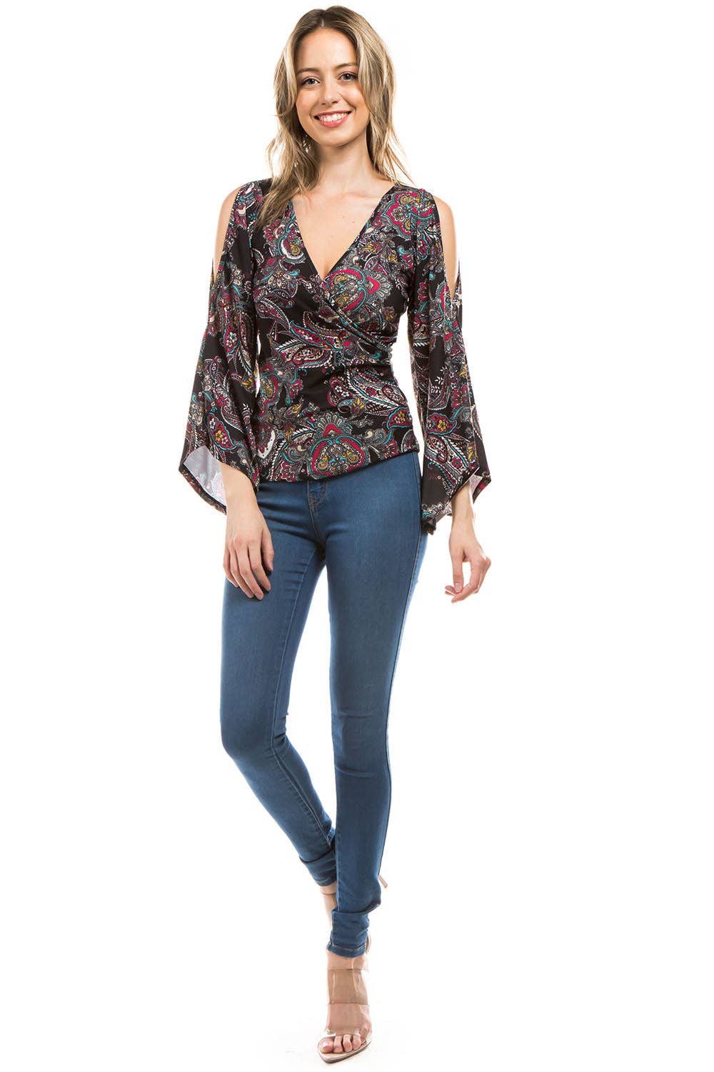BLACK PAISLEY COLD SHOULDER with GORGEOUS BELL SLEEVE WOMEN'S TOP