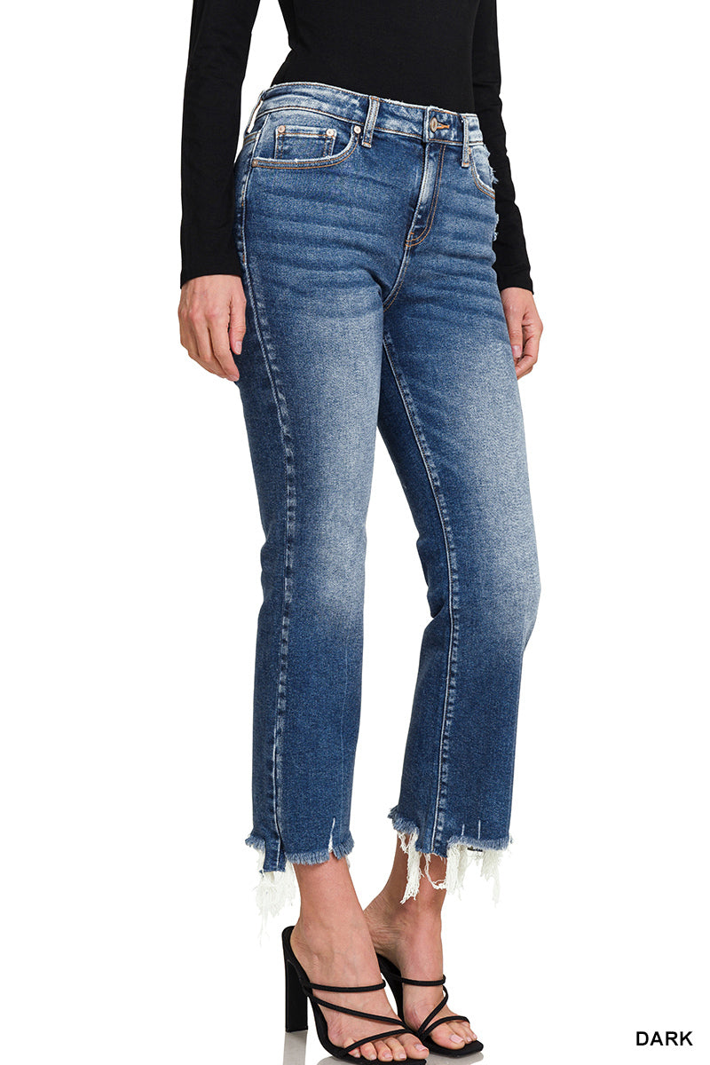 Dark Wash Kick Flare Crop Jeans with Frayed Hem | Zenana | Sizes 25–31