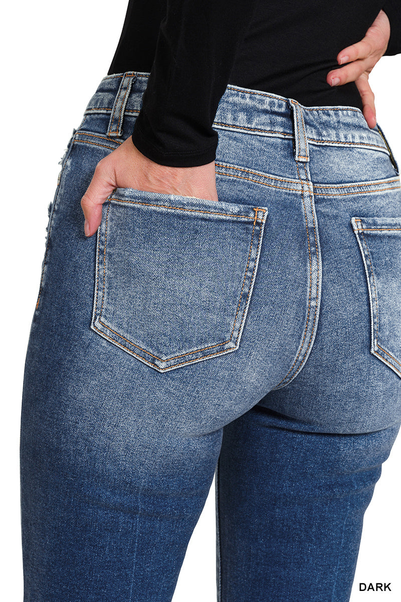 Dark Wash Kick Flare Crop Jeans with Frayed Hem | Zenana | Sizes 25–31