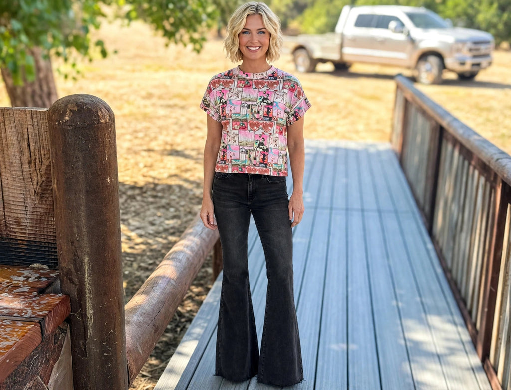 Bright Multi-Color Western Print S/S Top