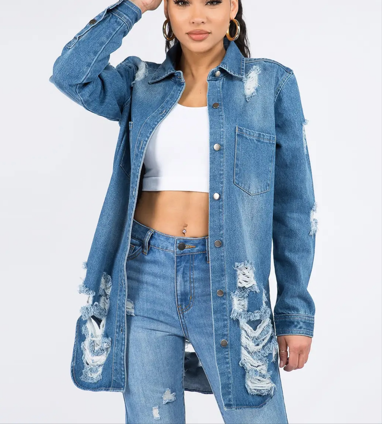 Clearance Jacket - Long Length Distressed Denim Jacket