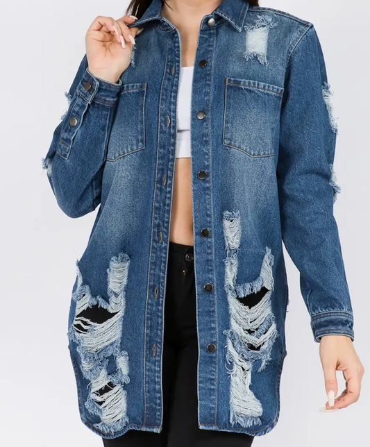 Clearance Jacket - Long Length Distressed Denim Jacket