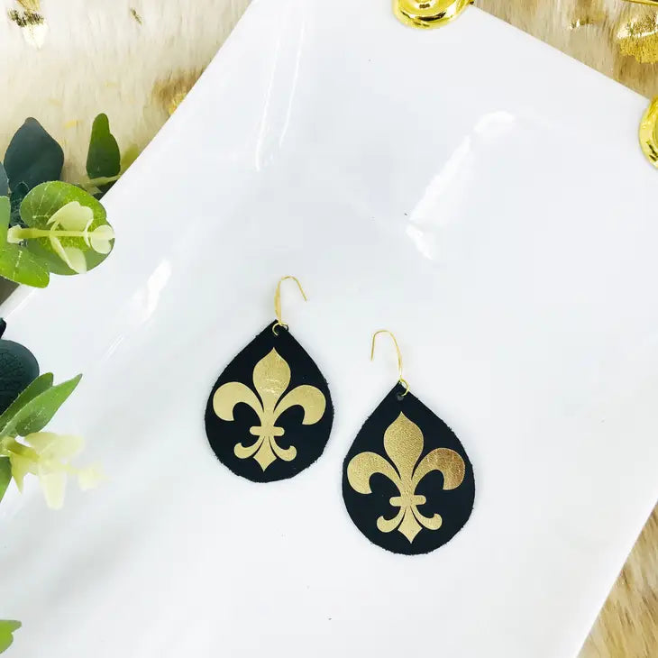 New Orleans Saints Black and Gold Fleur De Lis Genuine Leather Earrings