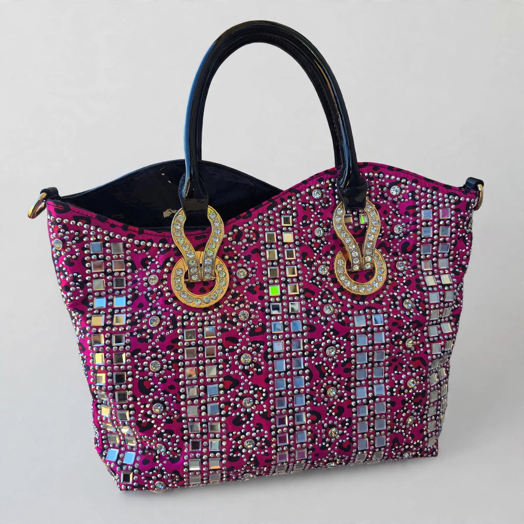 Fuchsia Animal Print Rhinestone Embellished Shoulder Handbag w/ Detachable Crossbody Strap