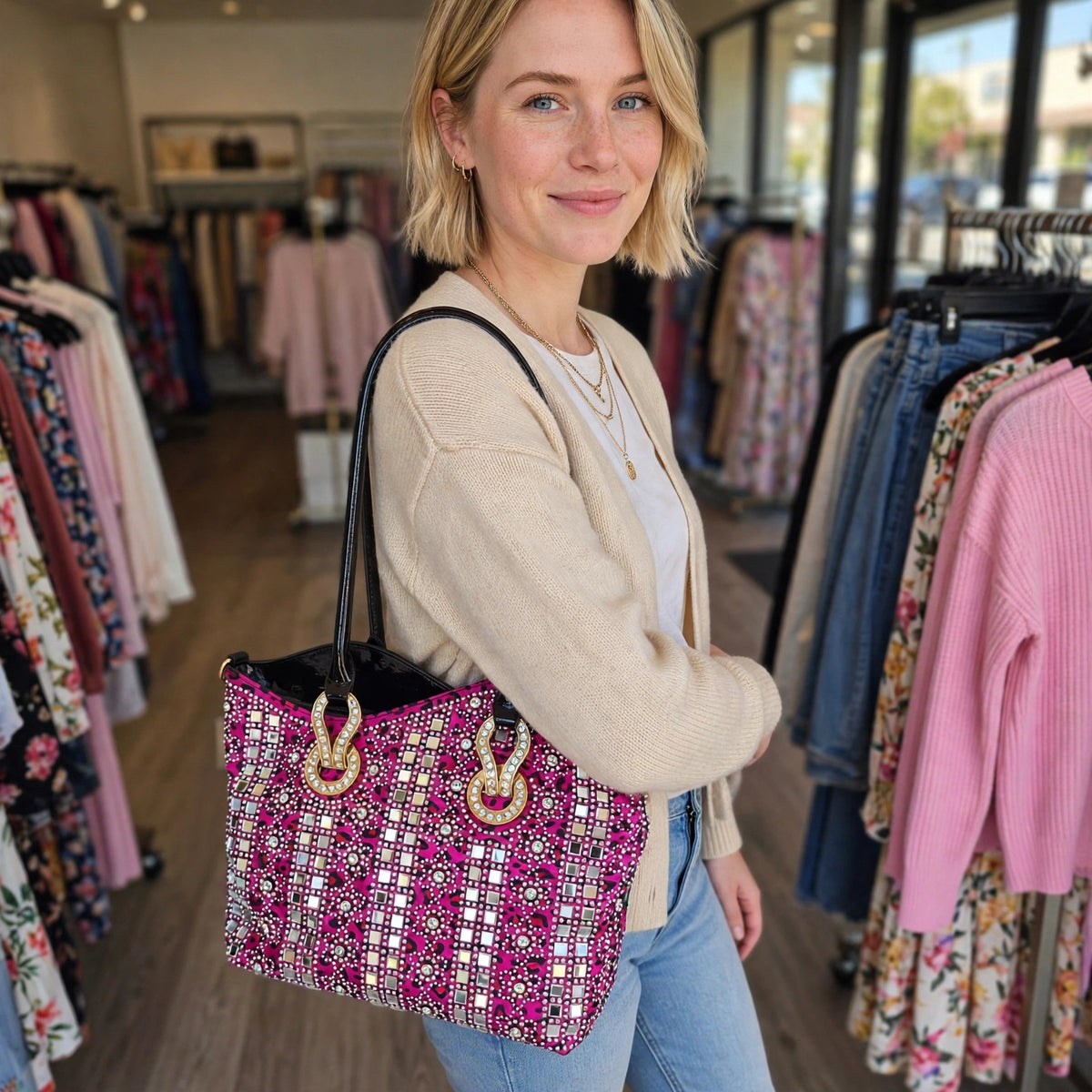 Fuchsia Animal Print Rhinestone Embellished Shoulder Handbag w/ Detachable Crossbody Strap