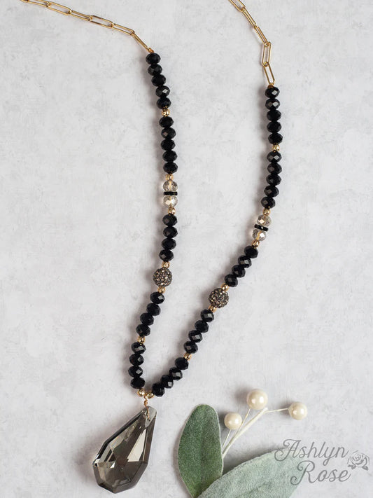 Jewelry Necklace - Black & Rhinestone Mixed with Gold Chain and Gray Crystal Teardrop Charm