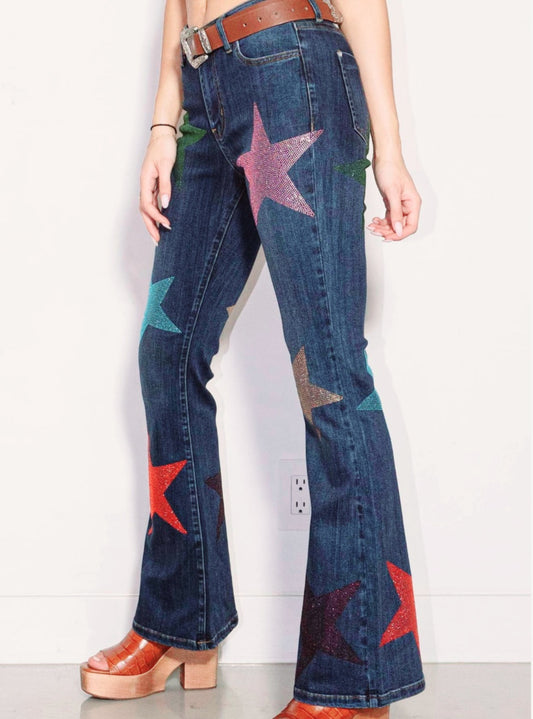 Multi Color Rhinestone Stars on Super Stretchy Bootcut Jeans - SIZE 5 ON LY
