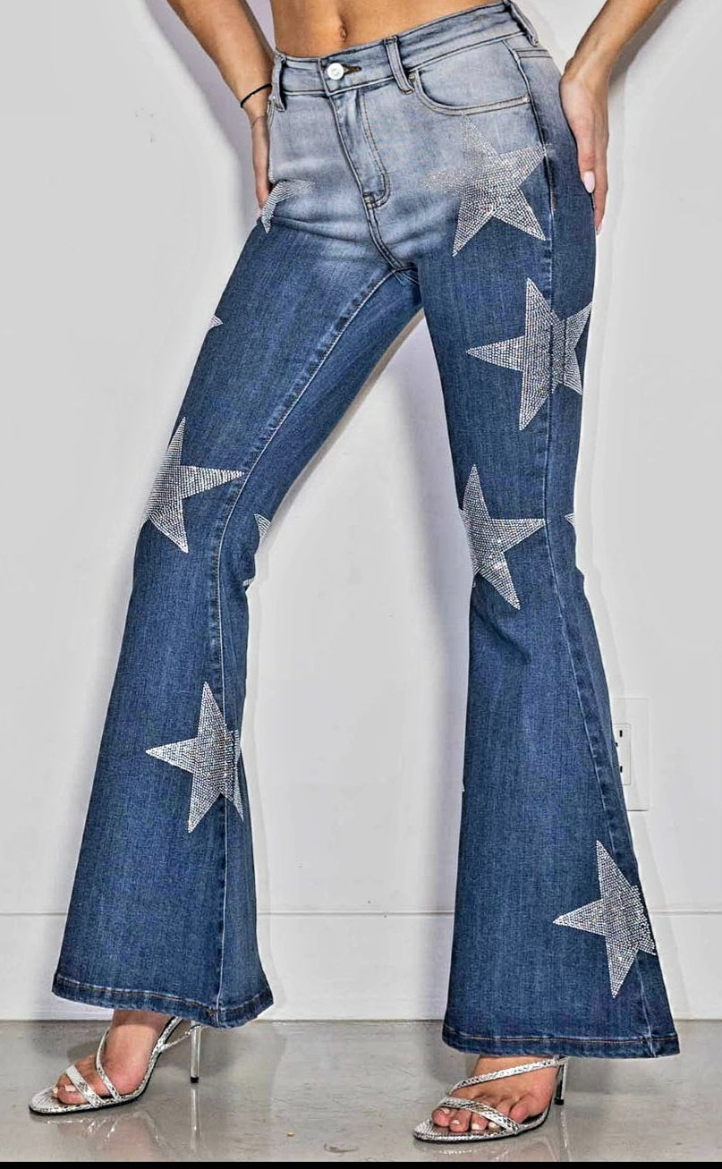 A Clearance Sales Item  - Super Sparkly Rhinestone Stars on Super Stretchy Flare Jeans - Sizes 3-15