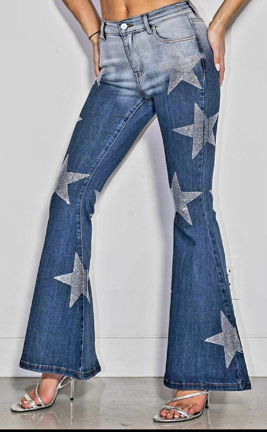 A Clearance Sales Item  - Super Sparkly Rhinestone Stars on Super Stretchy Flare Jeans - Sizes 3-15