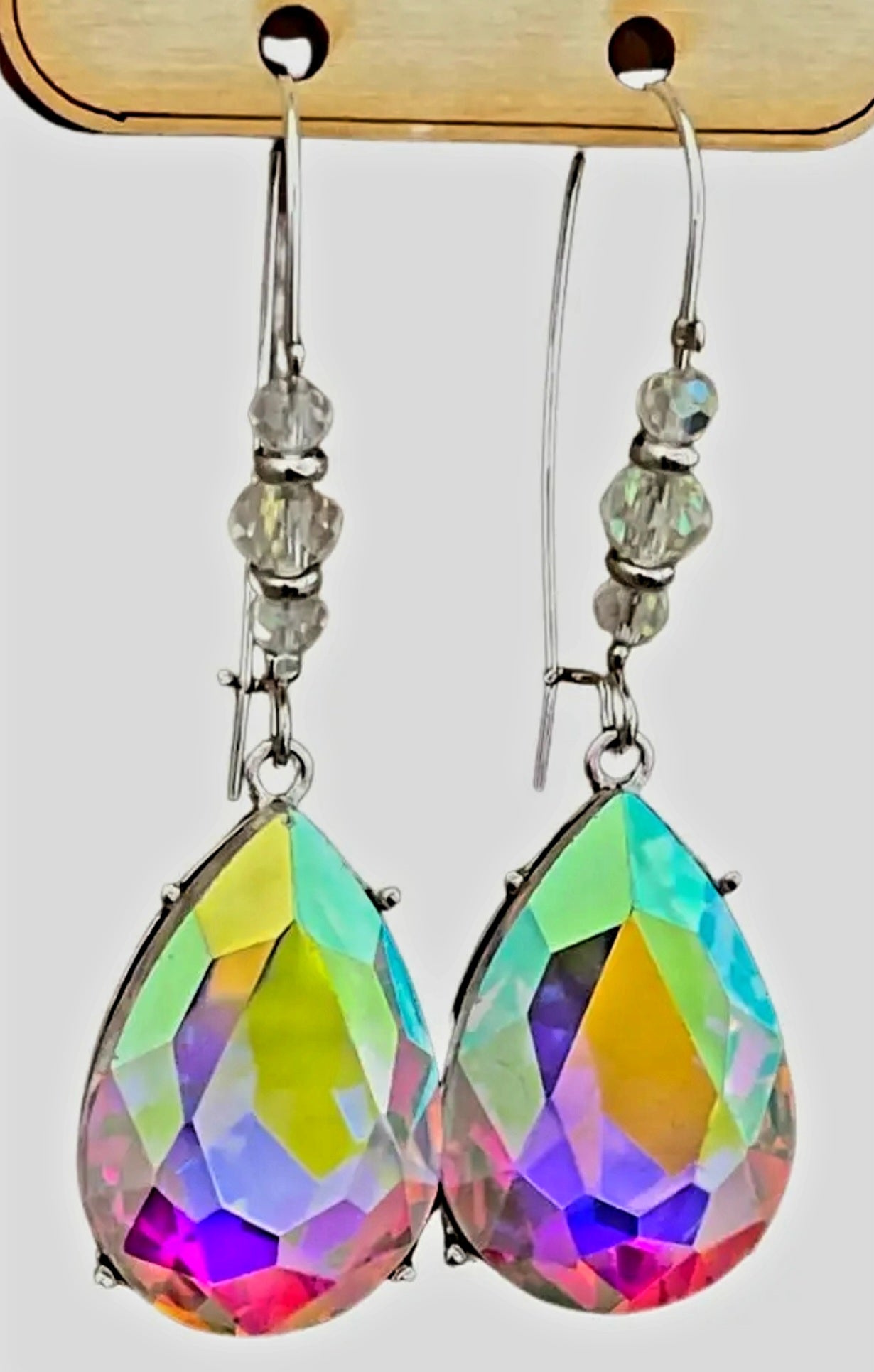 Jewelry Earrings - Pink Panache AB Teardrop On Silver Ear Wire With Rhinestone Decorative Beads