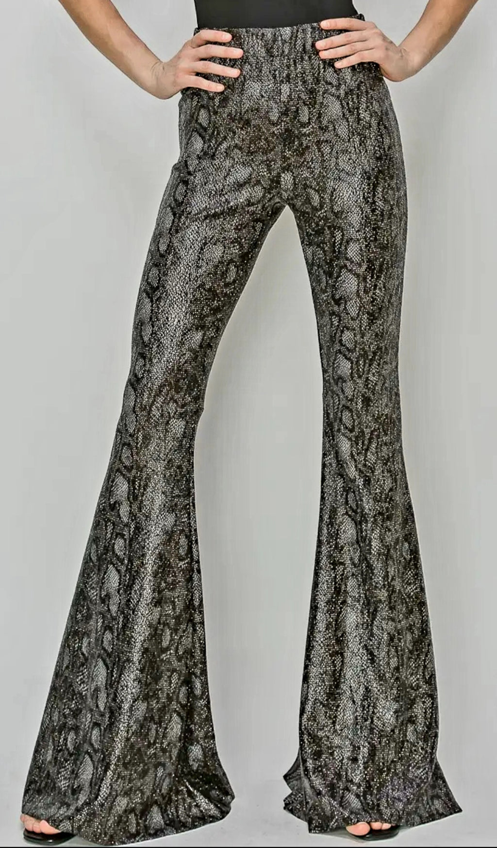 Plus & Reg Size Python Print Black & Gray Bell Bottom Knit Pants Gold Sparkle Metallic Flecks | Charlotte's Classy Closet