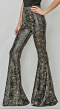 Plus & Reg Size Python Print Black & Gray Bell Bottom Knit Pants Gold Sparkle Metallic Flecks | Charlotte's Classy Closet