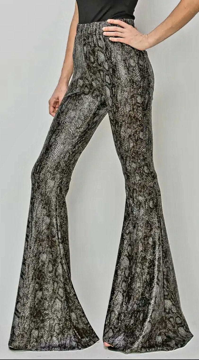 Plus & Reg Size Python Print Black & Gray Bell Bottom Knit Pants Gold Sparkle Metallic Flecks | Charlotte's Classy Closet