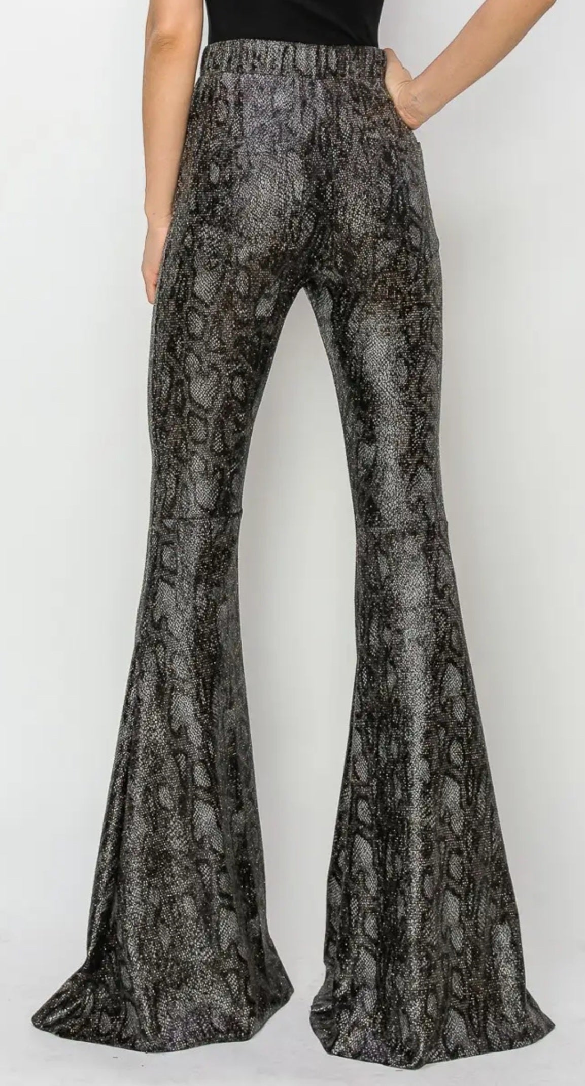 Plus & Reg Size Python Print Black & Gray Bell Bottom Knit Pants Gold Sparkle Metallic Flecks | Charlotte's Classy Closet