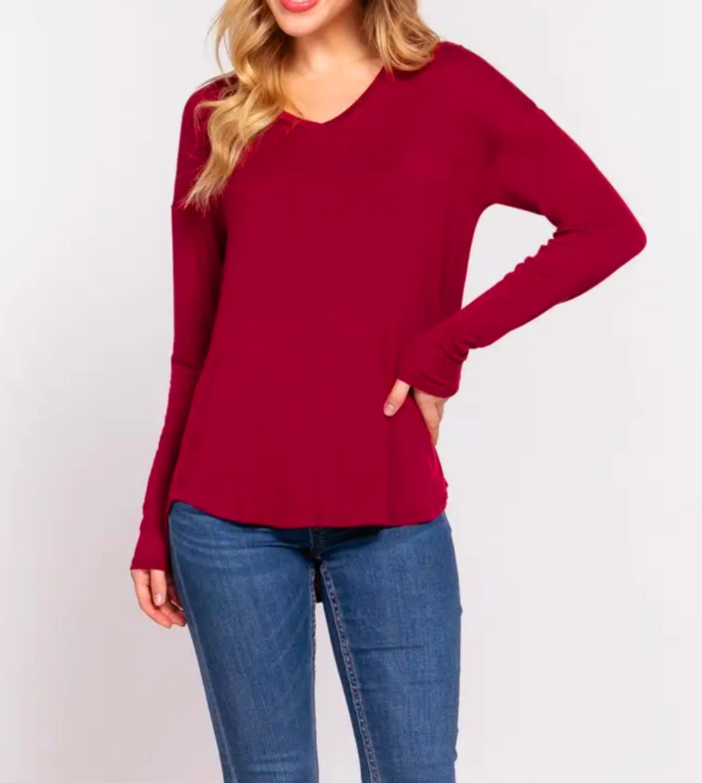 Lightweight V-Neck Long Sleeve Layering Top | Black, Burgundy, Ash Gray - photo 2