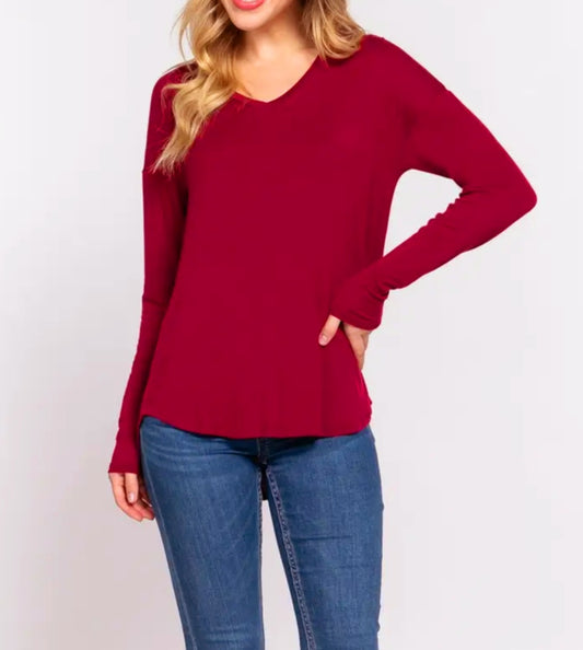 Lightweight V-Neck Long Sleeve Layering Top | Black, Burgundy, Ash Gray