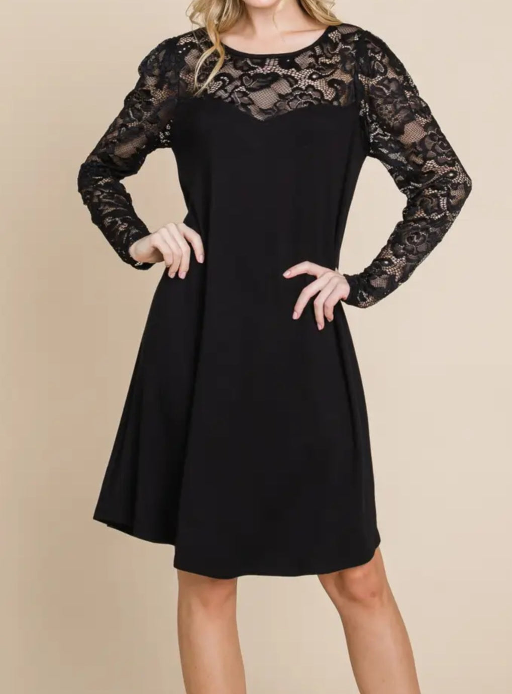 Dress NEW ARRIVAL - Black Dress with Beautiful Lace Across Neckline and Long Sleeves - Sizes Small to Large