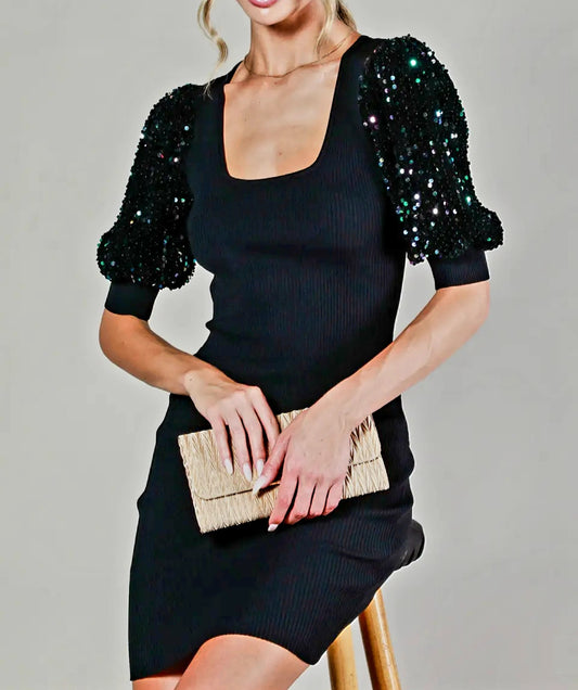 Dress NEW ARRIVAL Dressy - Square Neck Rib Knit Mini Dress with Sequin Puff Sleeves - Sizes Small to Large