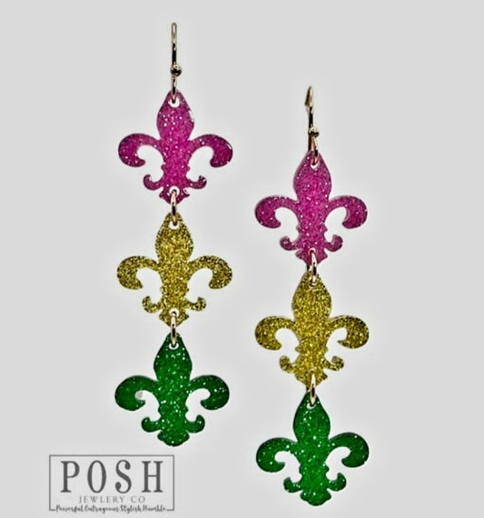 Mardi Gras Earrings - Mardi Gras Fleur De Lis Triple Tier Earring