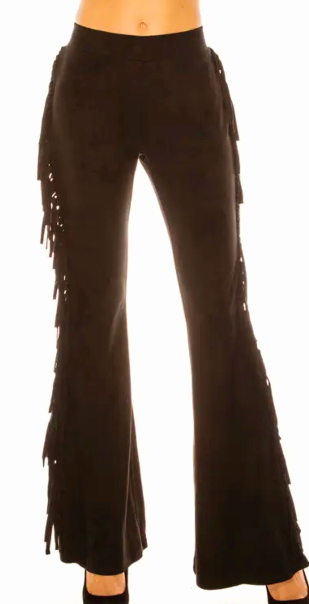 Faux Suede Side Fringe Flare Pants