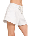 ACID WASHED DRAWSTRING ELASTIC WAIST ACID WASHED FRAYED HEM SHORTS | Kelly Green, Fuchsia, or White
