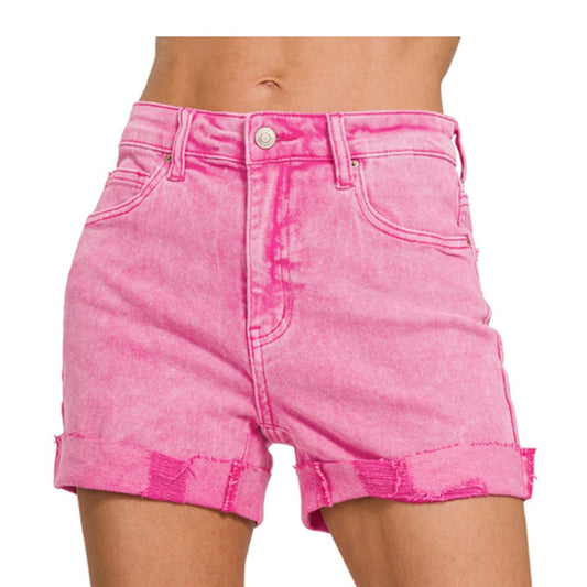 ADORABLE ZENANA CUFFABLE DISRESSED HEM DENIM SHORTS | ACID WASHED HOT PINK | Charlotte's Classy Closet