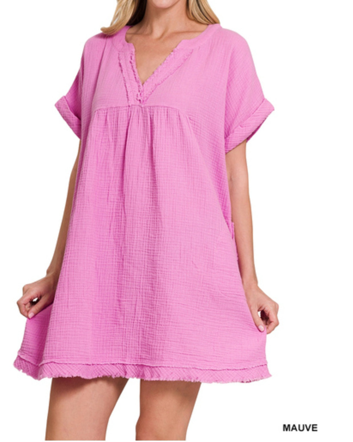 SALE - Zenana Double Gauze Raw Edge V-Neck Dress