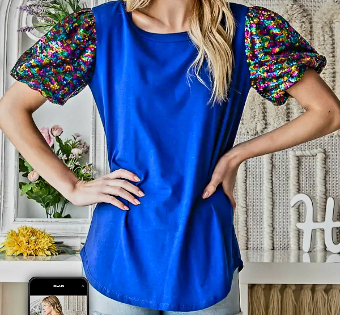 Sequin Multi-Color Puff Sleeve Soft Knit Blouse - Royal Blue or Kelly Green