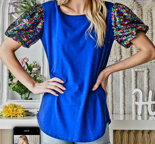 Sequin Multi-Color Puff Sleeve Soft Knit Blouse - Royal Blue or Kelly Green