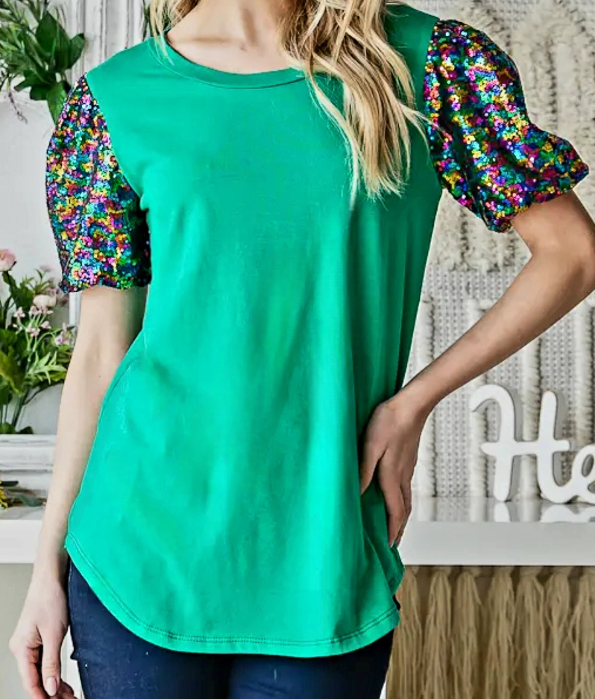 Sequin Multi-Color Puff Sleeve Soft Knit Blouse - Royal Blue or Kelly Green