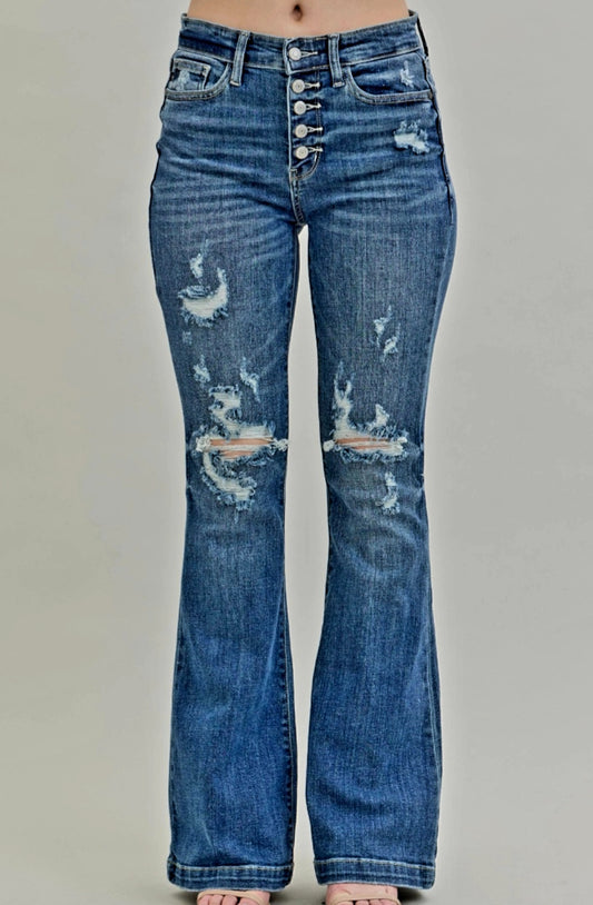 Judy Blue Distressed Flare Jeans Medium Wash at Charlotte's Classy Closet Bossier City
