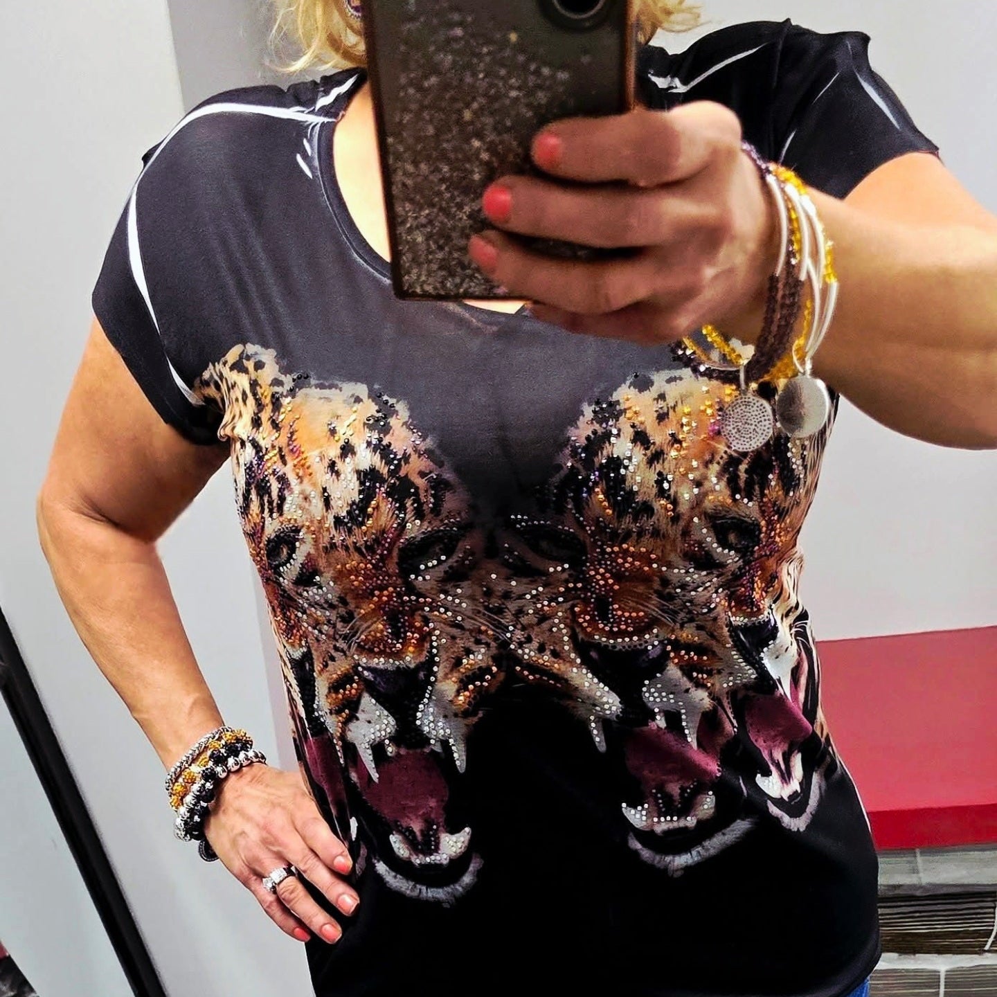 STUNNING RHINESTONE EMBELLISHED TIGERS / SHEER LACE CROSS PATTERN IN BACK TOP