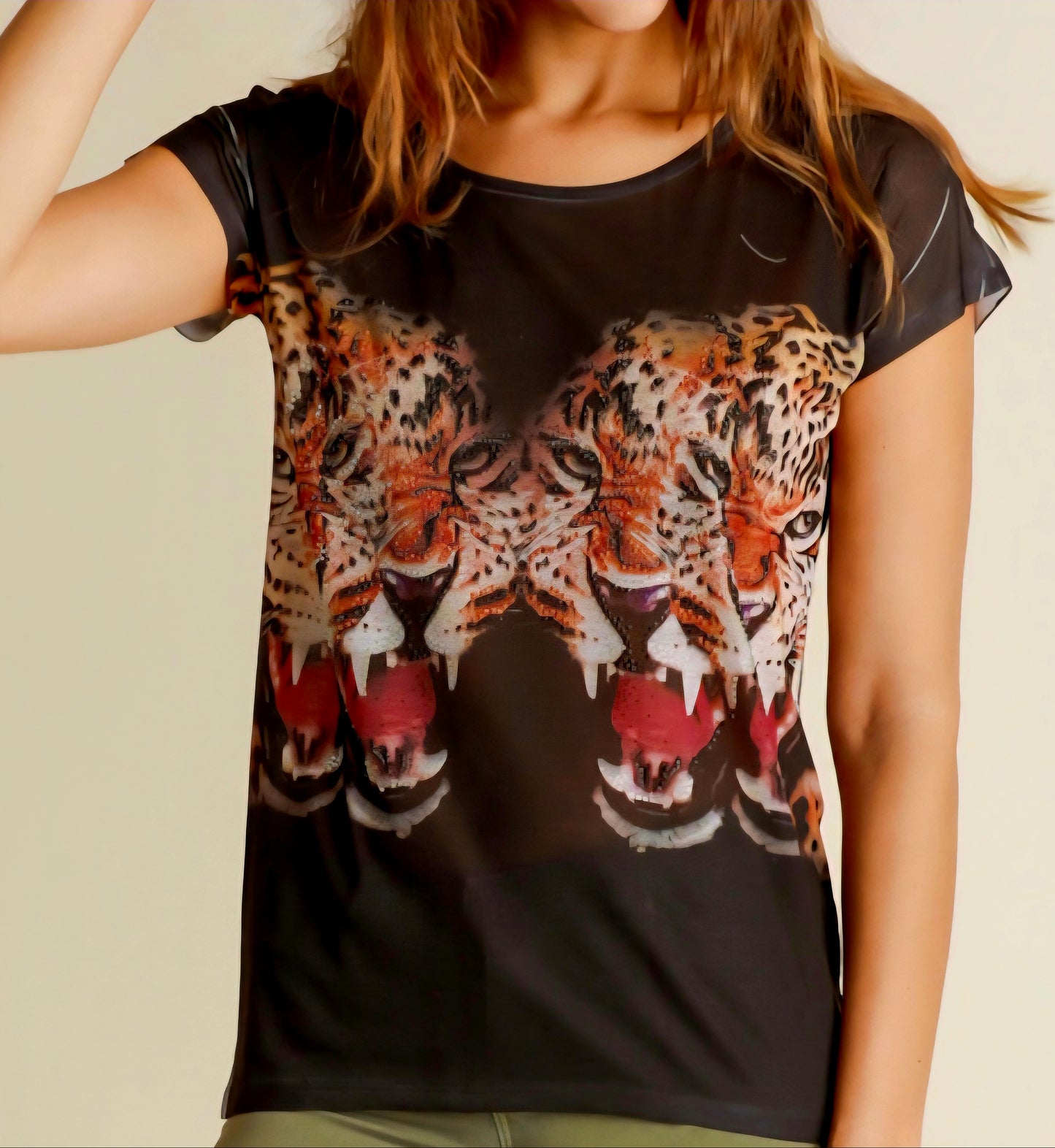 STUNNING RHINESTONE EMBELLISHED TIGERS / SHEER LACE CROSS PATTERN IN BACK TOP