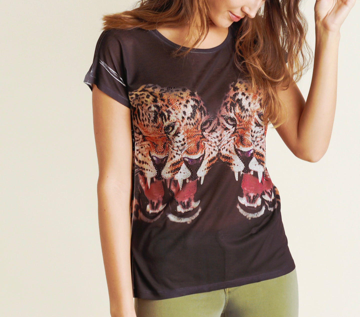 STUNNING RHINESTONE EMBELLISHED TIGERS / SHEER LACE CROSS PATTERN IN BACK TOP