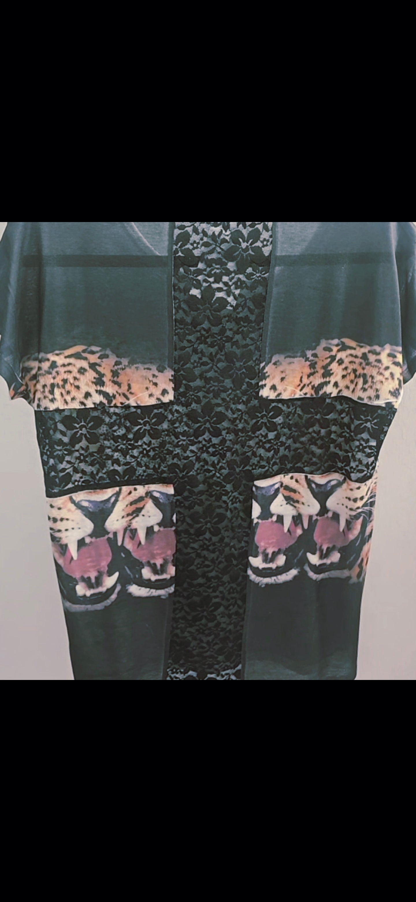 STUNNING RHINESTONE EMBELLISHED TIGERS / SHEER LACE CROSS PATTERN IN BACK TOP