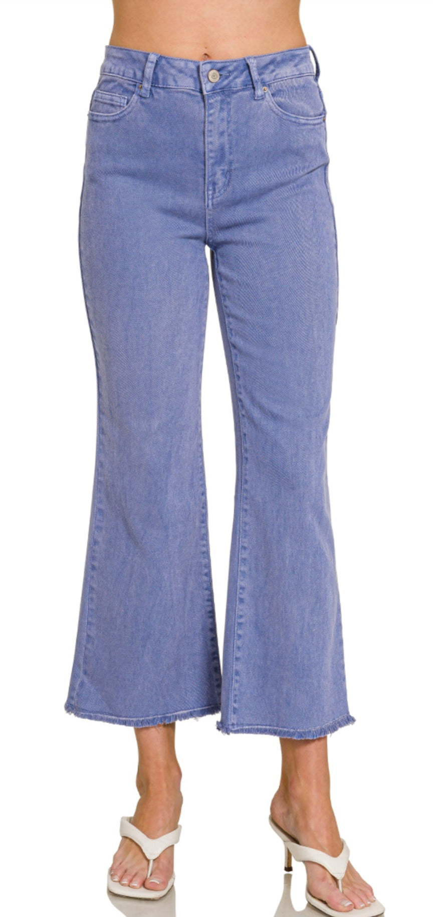 ACID WASHED HIGH WAIST FRAYED HEM KICK CROPPED DENIM JEANS | Marlin Blue or Hot Pink