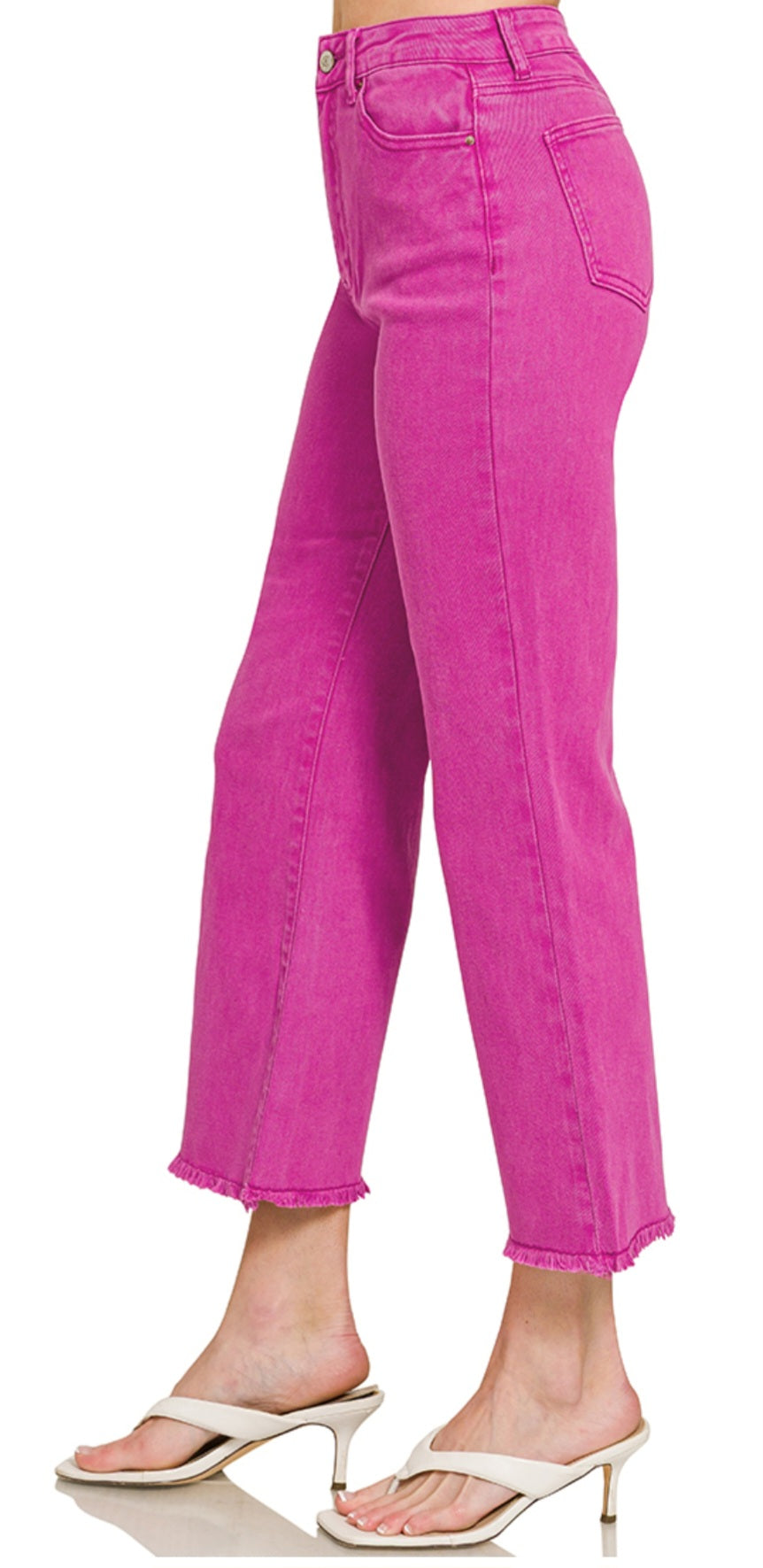 ACID WASHED HIGH WAIST FRAYED HEM KICK CROPPED DENIM JEANS | Marlin Blue or Hot Pink