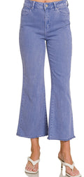 ACID WASHED HIGH WAIST FRAYED HEM KICK CROPPED DENIM JEANS | Marlin Blue