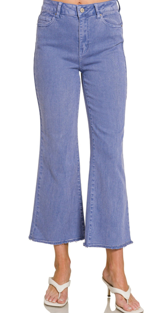 ACID WASHED HIGH WAIST FRAYED HEM KICK CROPPED DENIM JEANS | Marlin Blue or Hot Pink