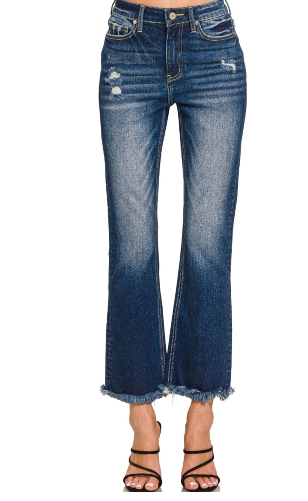 HIGH RISE STRAIGHT RAW HEM CROPPED DARK DENIM JEANS