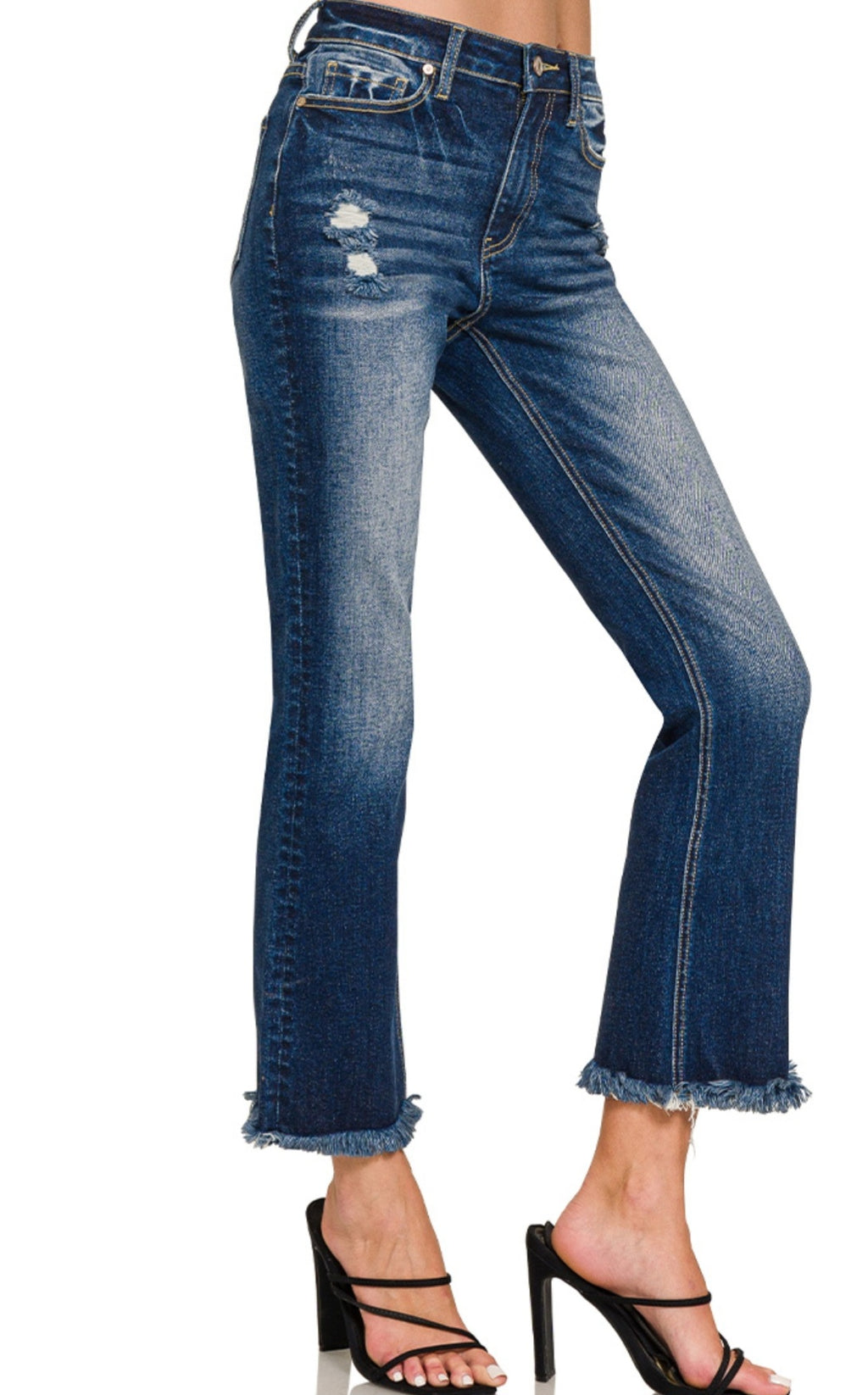 HIGH RISE STRAIGHT RAW HEM CROPPED DARK DENIM JEANS