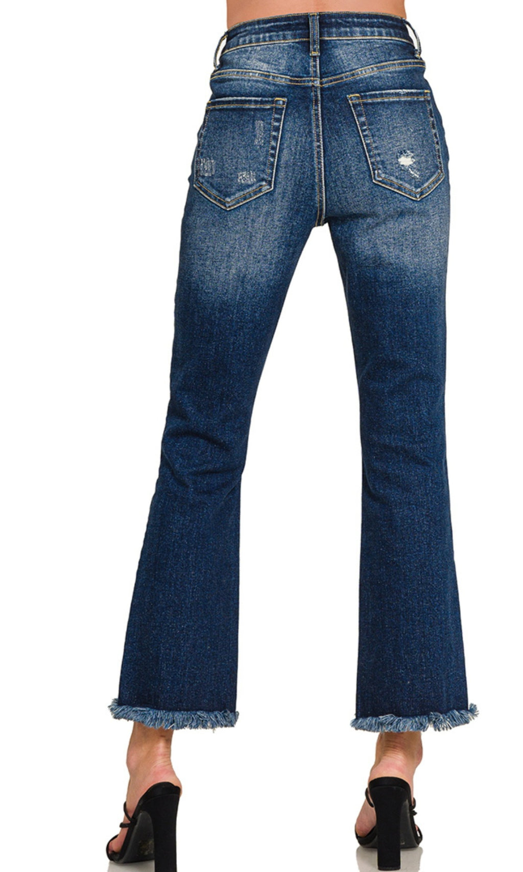 HIGH RISE STRAIGHT RAW HEM CROPPED DARK DENIM JEANS