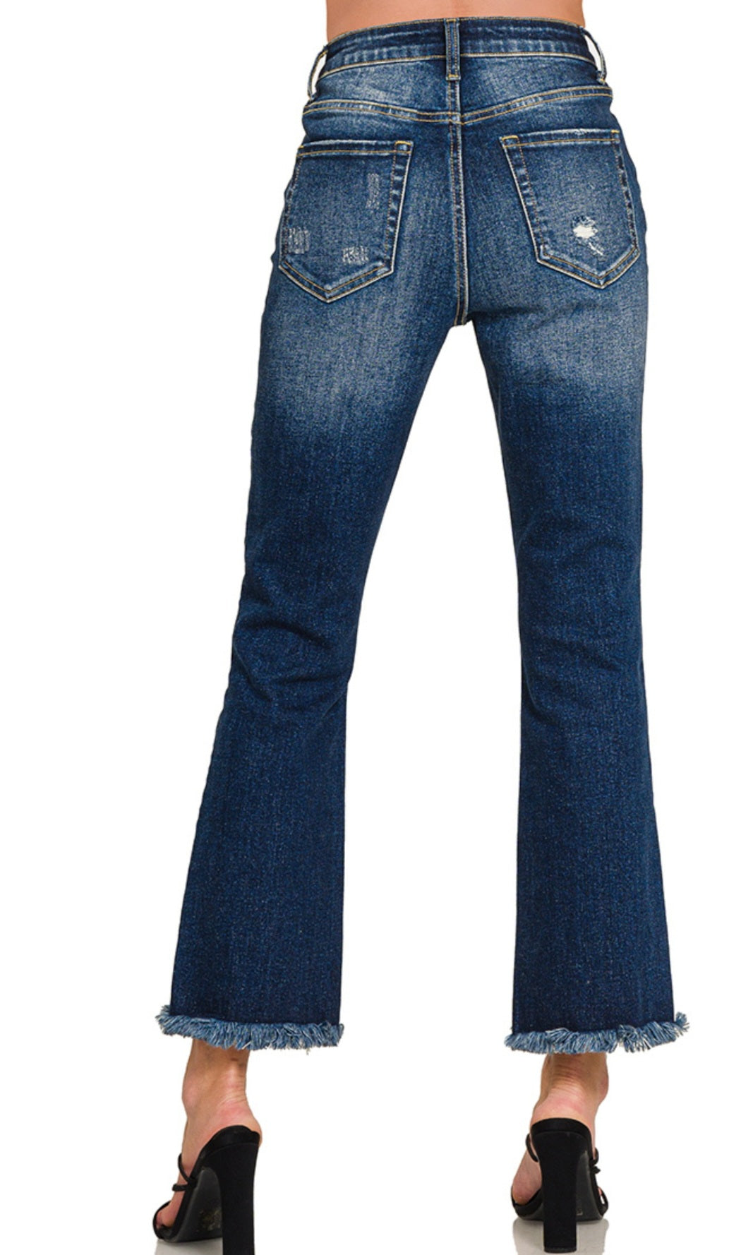 HIGH RISE STRAIGHT RAW HEM CROPPED DARK DENIM JEANS